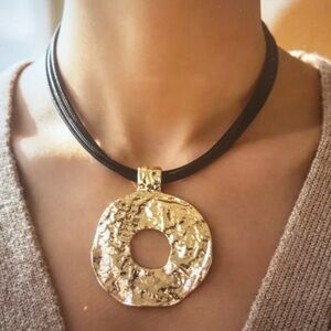 Hammered Gold Circle Pendant Layered Cord Necklace